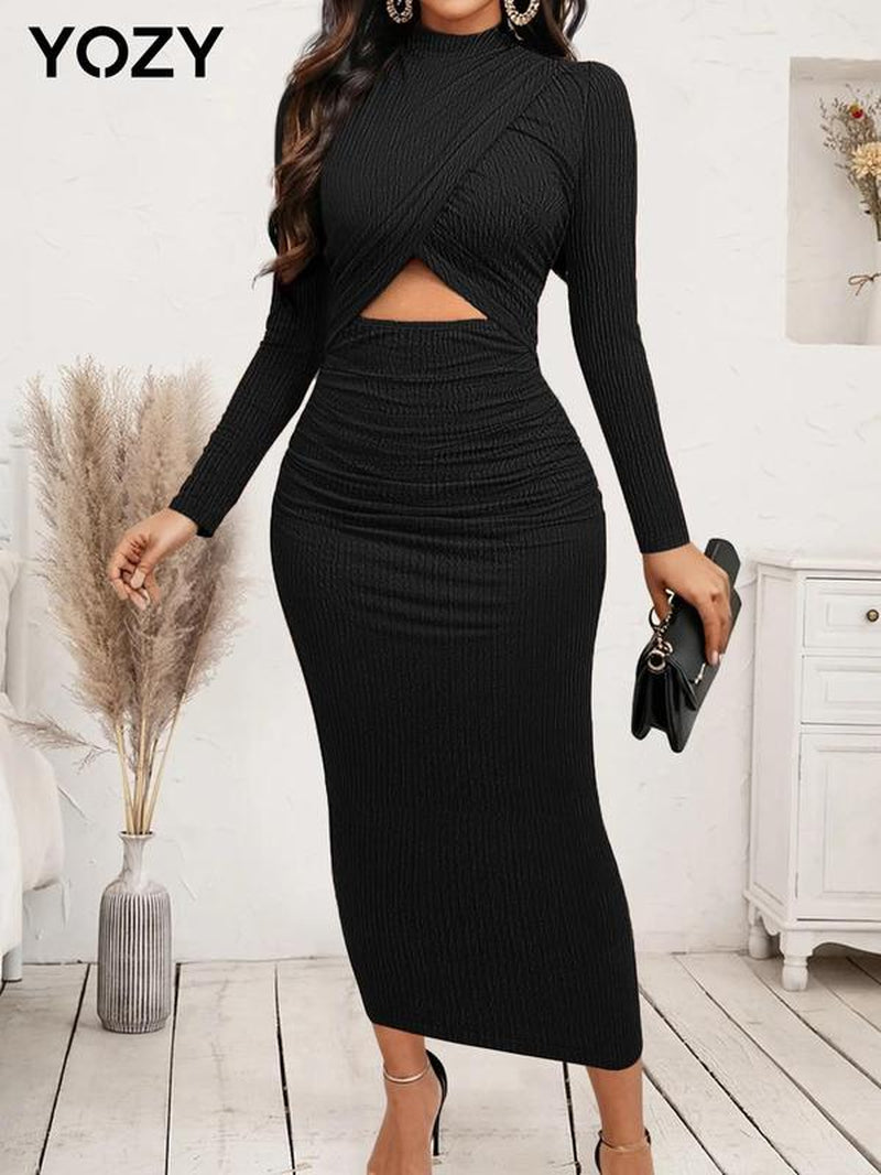 Elegant Women's Ruched Bodycon Dress Long Sleeve Mock Neck Party Wedding Guest Outfit – Fall & Winter Fashion