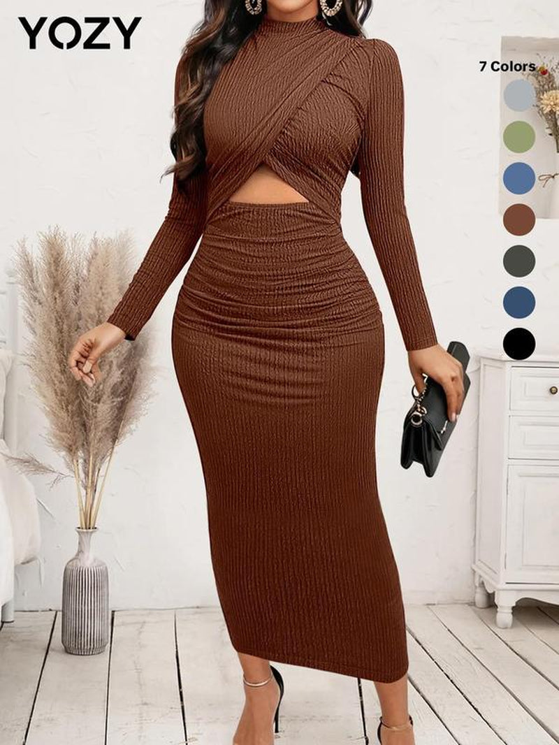 Elegant Women's Ruched Bodycon Dress Long Sleeve Mock Neck Party Wedding Guest Outfit – Fall & Winter Fashion